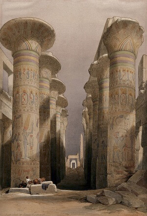 Decorated pillars of the temple at Karnac, Thebes, Egypt. Coloured lithograph by Louis Haghe after David Roberts