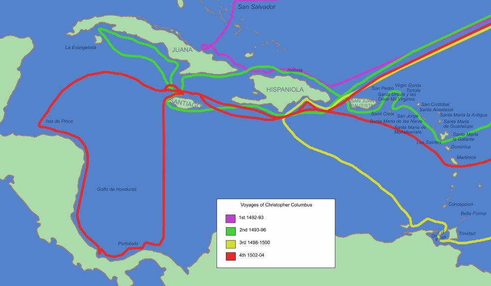 Routes taken by Christopher Columbus - four voyages