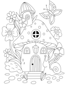 Muchroom House and Butterfly Coloring Page