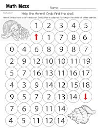 Hermit Crab Math Maze Worksheet